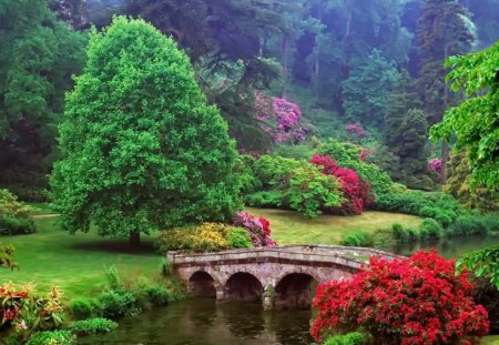 Veiled garden - pretty, summer, bushes, grass, reflection, flowers, shore, garden, nice, greenery, trees, beautiful, velvet, lovely, river, nature, green, floral, bridge, park