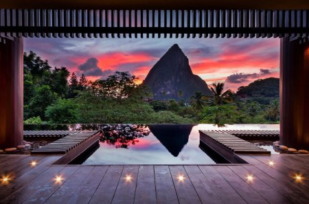 sunset in the tropics  - clouds, temple, sunset, mountain, jungle