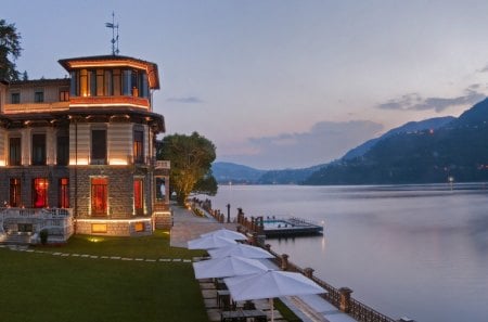 villa at a lake - villa, pool, lake, waterfront, dusk