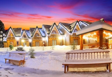 village at winter at dusk - benches, dusk, lights, winter, houses