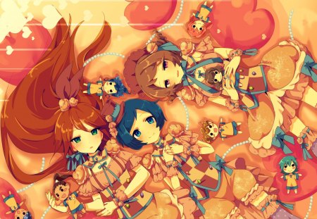 Heart tree - girls, love, fun, long hair, brown hair, dolls, blue hair, rest, anime, charming, party, smile, cute, short hair, dress, manga