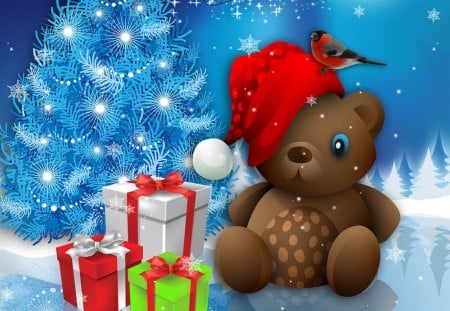 Christmas Bear - whimiscal, new year, snowflakes, bird, sparkle, christmas, presents, snow, sweet, tree, gifts, teddy bear, cute