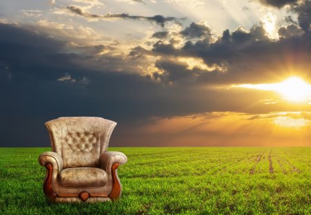 Sunset - armchair, sunset, a box, clouds