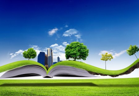 *** Fantasy green World *** - flowers, page, book, skyscrapers, grass, creative