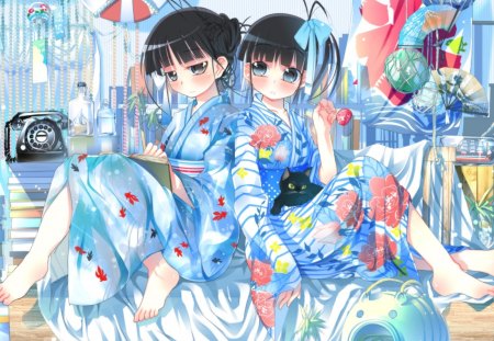 Yukata Louge - telephone, animal, cute, neko, cat, hot, anime, yukata, anime girl, girl, dress, blue, phone, sexy, female, kimono