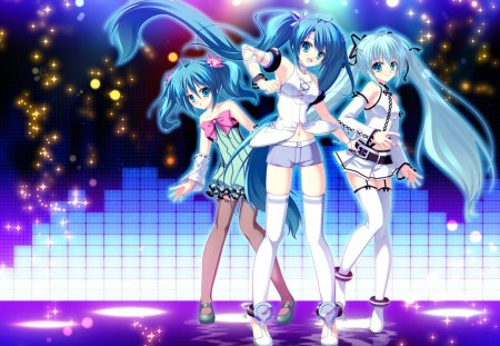 Hatsune Miku - anime, vocaloid, female, blue, dress, hatsune miku, light, long hair, idol, abstract, twin tails, anime girl, hot, singer, girl, miku, diva, cute, aqua hair, sexy, vocaloids