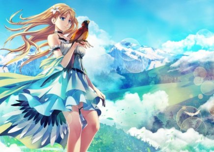 Wind of ... - nice, beauty, sky, female, hot, wings, field, anime girl, pretty, cloud, anime, grass, cute, scene, hill, sexy, scenic, mountain, girl, long hair, bird, wing, beautiful, animal, scenery, sweet, dress, blonde, flower