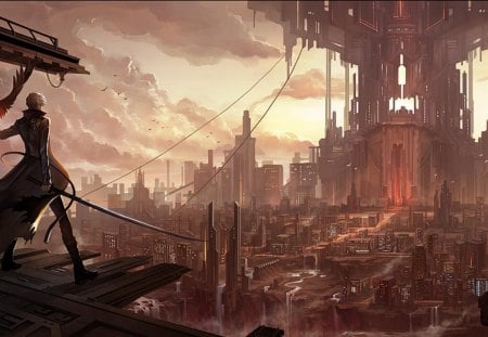 Dawn of Assault - male, sky, lone, buildings, bird, trench coat, clouds, katana, weapon, city, sword