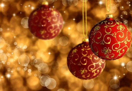 HOLIDAY DECORATION - red, balls, patterns, bokeh, gold, holidays, christmas, new year