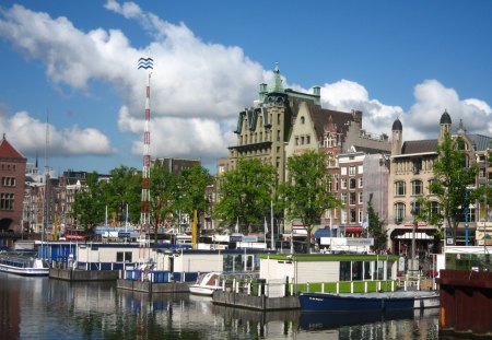 Amsterdam - architecture, houses, boats, clouds