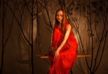 The Swing - swing, woman, red, model, dress