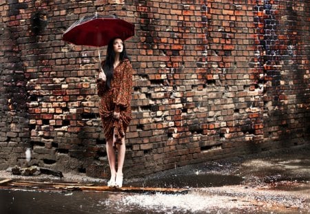 Rainy Day - rainy, rain, umbrella, woman, dress, day