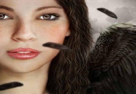 Angel - fatansy, pretty, female, wings, black wings, black, fly