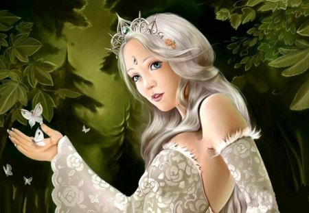 Maiden of Nature - woman, female, tiara, white, nature, butterfly, forest, dress, maiden