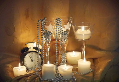 Still life - candle, candles, beautiful, table, clock, flowers, still life, glass vase