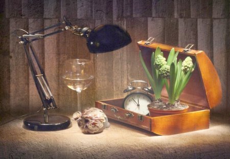 Still life - candle, candles, beautiful, table, clock, flowers, still life, glass vase