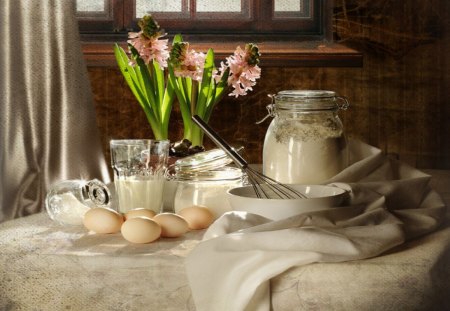 Still life - glass vase, beautiful, candle, table, clock, still life, flowers, candles, egg