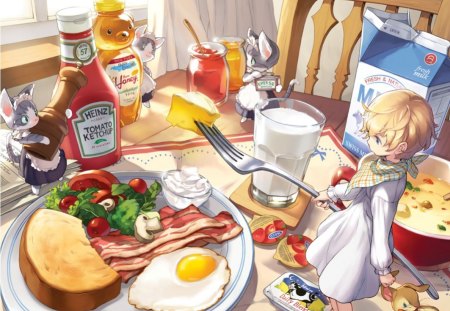 Bunch Table - male, neko, milk, vegetable, fork, cat, boy, table, anime, animal, sweet, bread, food, egg, cute, snack