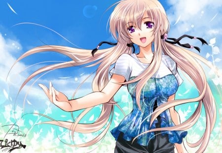 Breeze - twin tails, anime, anime girl, female, hot, dress, girl, flower, petals, long hair, cloud, cute, sexy, sky