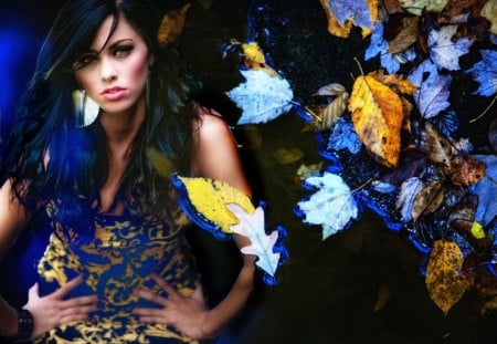 Leaves - colors, brunette, woman, leaves