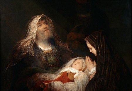 Simeon and Anna by Arent de Gelder - woman, joseph, people, maria, child, simeon and anna, black, christmas, painting, saint, jesus, art, man, arent de gelder