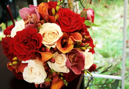 Floral Delight - wedding, beautiful, bouquet, harvest, forever, nature, red, magnificent, fall, pink, flowers, love, romance, season, garden, roses, freshness, passion, romantic