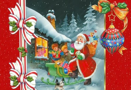 Santa brings joy to children - fun, gifts, snowflakes, cabin, evening, presents, snow, children, eve, home, joy, santa claus, deers, sledge, holiday, ribbon, cottage, house, kids, trees, winter, decoration, balls, bring, tree, village, christmas, colorful, noel, lights, new year, ride