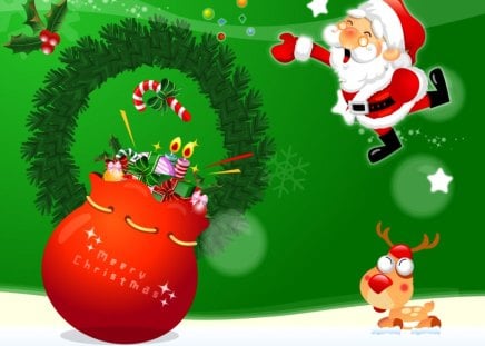 Flying Santa Claus - gifts, snowflakes, flying, clipart, joy, santa claus, holiday, flight, nice, beautiful, lovely, christmas, colorful, wreath, funny, deer, green, new year, painting