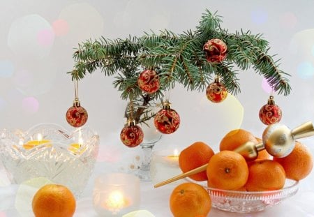 Christmas deco - candle, light, ball, fruit, christmas, white, red, orange, green, tree, ornaments, decoration