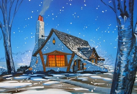 Winter cottage - new year, cottage, sky, peaceful, cold, calmness, noel, holiday, house, tree, frozen, winter, snowflakes, serenity, christmas, nature, village, snow, frost, cozy, eve, cabin, lights