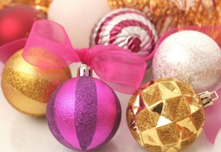 ๑♥๑ Golden/Pink Delight ๑♥๑ - pretty, ornaments, ribbon, hot pink, decorations, golden, winter, forever, balls, lovely, love, feminine, merry  christmas, white, nature, delight, bow, stripes