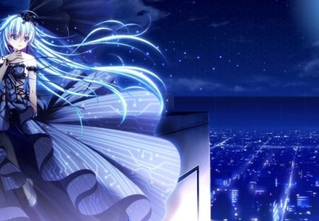 Blue Night - moon, building, scenic, girl, female, long hair, night, anime girl, star, blue, city, scenery, anime, house, scene, dress