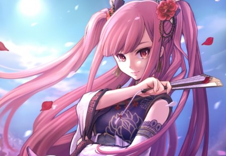 Pink - beauty, nice, sky, fan, female, hot, anime girl, wind, pretty, cloud, petals, anime, cute, maiden, sexy, girl, long hair, pink hair, twin tails, beautiful, sweet, flower