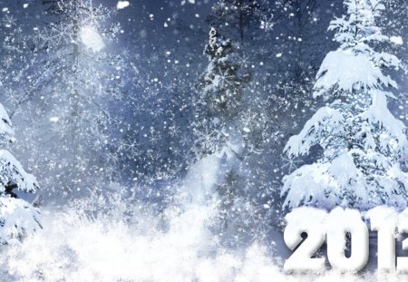 Winter 2013 - wonderland, trees, winter, snowflakes, blue, snow, forest, 2013, new year, cold