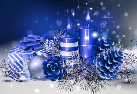 Blue Christmas - pretty, mood, winter, decoration, snowflakes, blue, beautiful, balls, flame, lovely, christmas, holiday, new year, cone, candles, nice