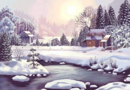 Winter House - house, ice, winter, christmas tree, nature, pond, painting, cold