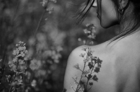 shadow of flower - black, white, gray, girl, flower, reflection