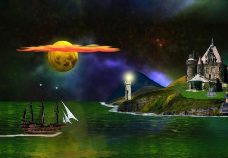 Cool Castle 1600x900 - moon, sailing, oceans, castles, lighthouses