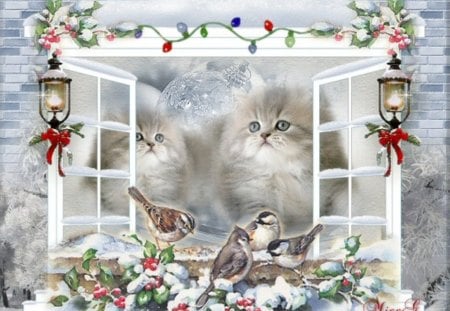 Winter of the kittens - birds, winter, kittens, ball, window decoration, ornaments, lamp, lighting