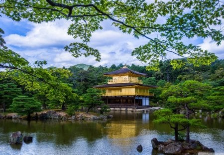 kinkaku ji temple - lake, sky, kinkaku ji, trees, colorful, water, nature, japan, clouds, beautiful, architecture, kinkaku ji temple, rivers, temple, kyoto