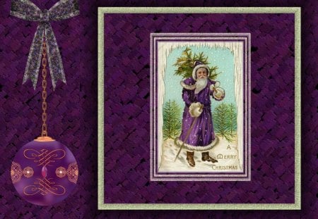 Purple Santa - christmas, santa, purple, bow, card, tree