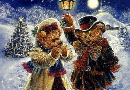 Beary Christmas - moon, stars, bears, snow, tree, christmas