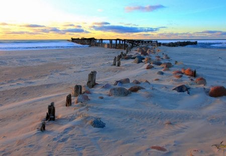 broken pier in winter - clouds, beach, broken, sea, pier