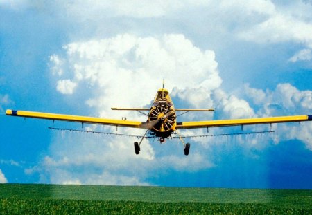 aeroplane - sky, field, aeroplane, clouds