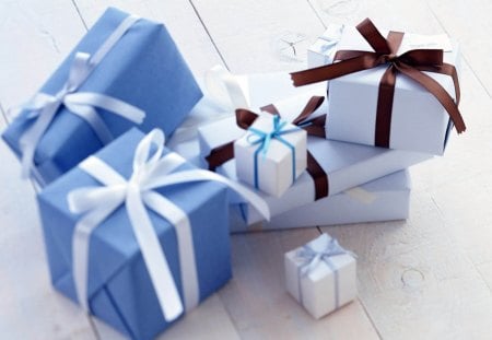 ๑♥๑ Presents on the floor ๑♥๑ - gifts, blue, brown, presents, light, give, merry christmas, ribbons, winter, forever, bows, love, floor, white, nature, satin, bright