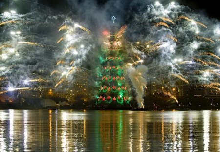 Christmas tree in Rio - pretty, rio, amazing, night, eve, reflection, nice, fireworks, sky, mood, decoration, water, beautiful, lovely, darkness, tree, christmas, colorful, river, noel, lights, new year, brazil