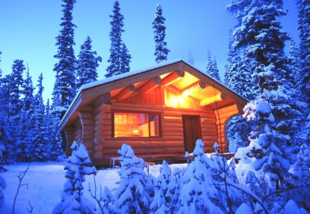 Cabin in winter - nice, new year, cottage, sky, slope, trees, pretty, cold, evening, holiday, house, frozen, mountain, winter, wooden, lovely, christmas, nature, forest, blue, snow, beautiful, frost, rest, cabin, lights