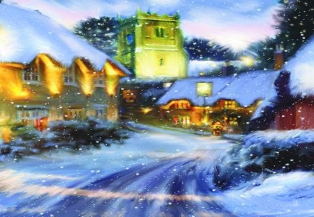 Christmas in countryside - pretty, snowflakes, snow, eve, countryside, holiday, frost, nice, sky, clouds, mood, beautiful, snowy, lovely, village, street, christmas, inn, frozen, noel, lights, time, painting, cabins, cold, serenity, cottages, peaceful