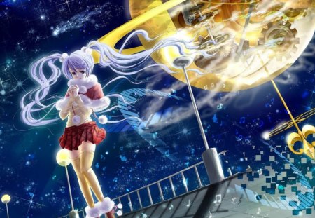 Hatsune Miku - star, anime, yellow, blue, hatsune miku, night, light, music, red, sky, luna, moon, girl, blonde hair, pray, christmas, manga, white, new year, cold, cute