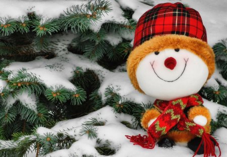 Snowman - snowman, winter, yellow, snow, tree, christmas, smile, white, red, green